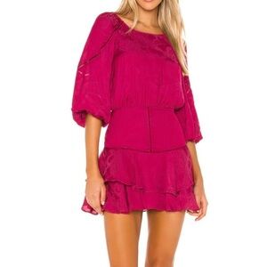 Tularosa Avery Drop Waist Balloon Sleeve Ruffle Satin Mini Dress